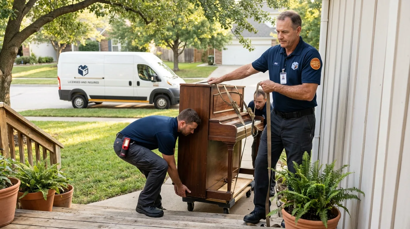 Licensed piano movers securing grand piano in Riverview, MI