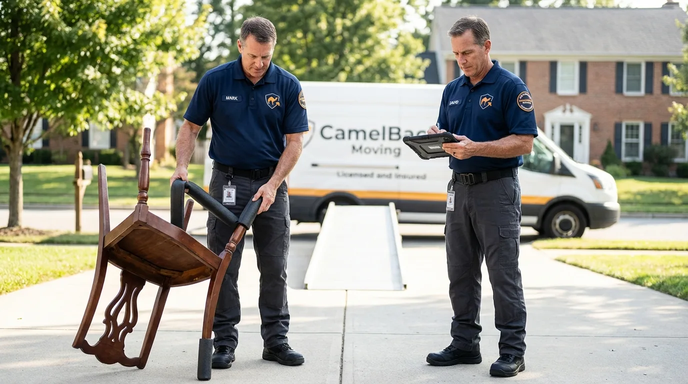 Movers inspecting furniture for damage prevention before loading in Riverview, MI