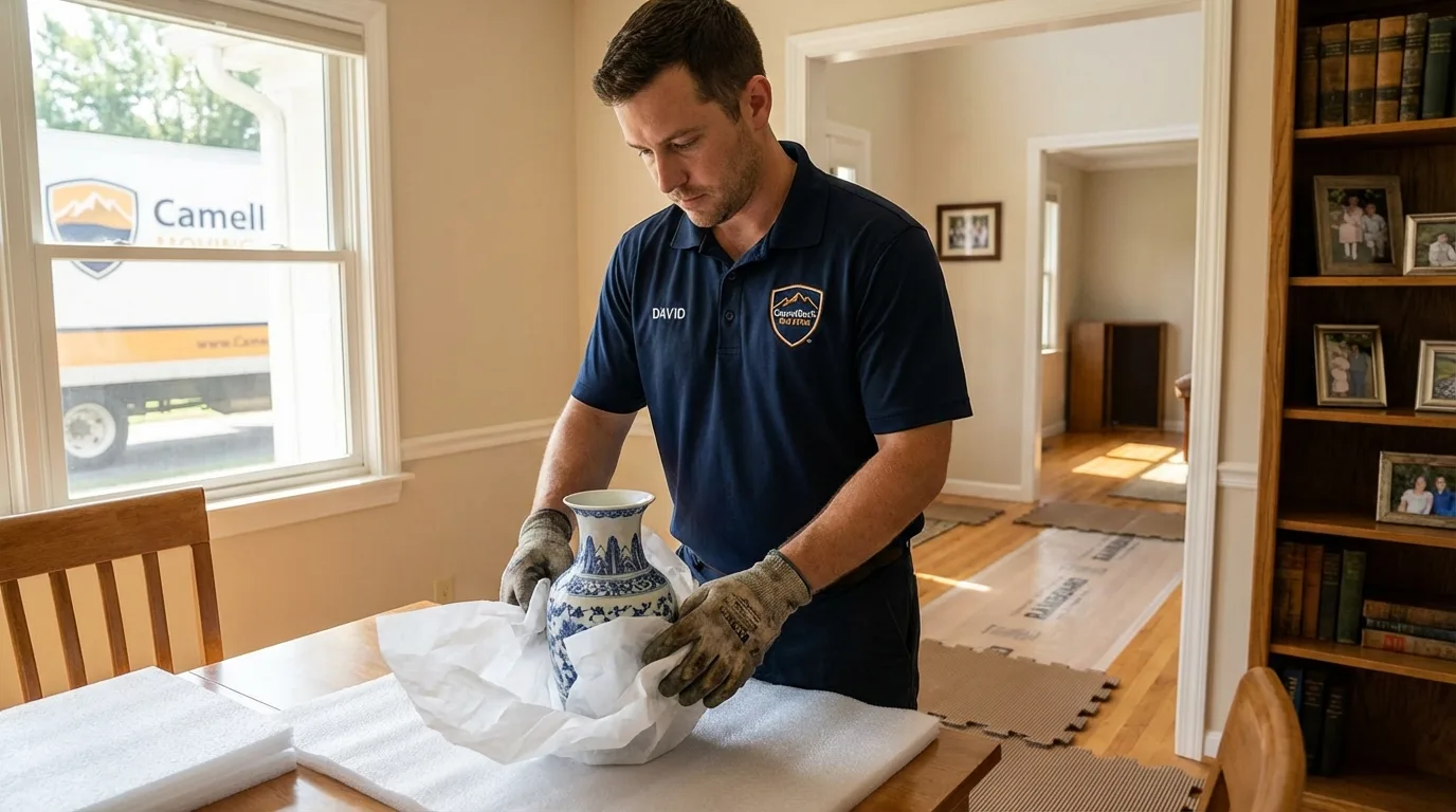 Professional crew carefully wrapping antique vase for senior downsizing move in Riverview, MI